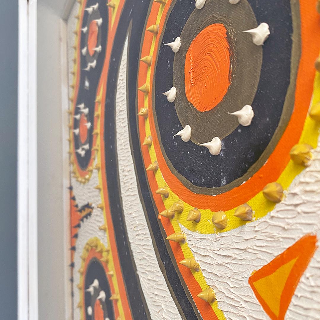 Peinture abstraite italienne moderne orange, jaune et bleue avec motif en relief, 1970 en vente 4