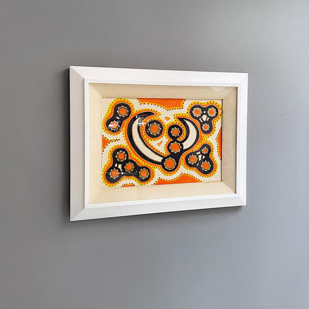 Italian modern orange, yellow and blue abstract painting with relief motif, 1970s
Abstract painting with drops motif in relief inside the painting, in shades of orange, yellow and blue with a restored and repainted frame in white and passpartout in
