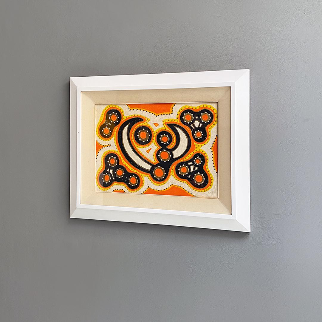 Late 20th Century Italian Modern Orange, Yellow and Blue Abstract Painting with Relief Motif, 1970 For Sale