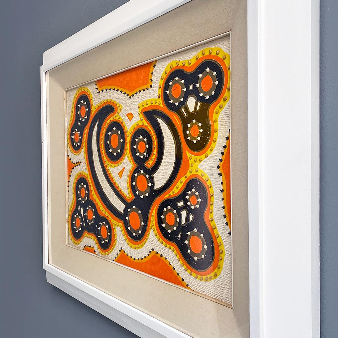 Italian Modern Orange, Yellow and Blue Abstract Painting with Relief Motif, 1970 For Sale 2