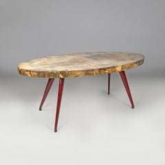 Italian modern oval dining table in parchment with red lacquered wood legs 1970s