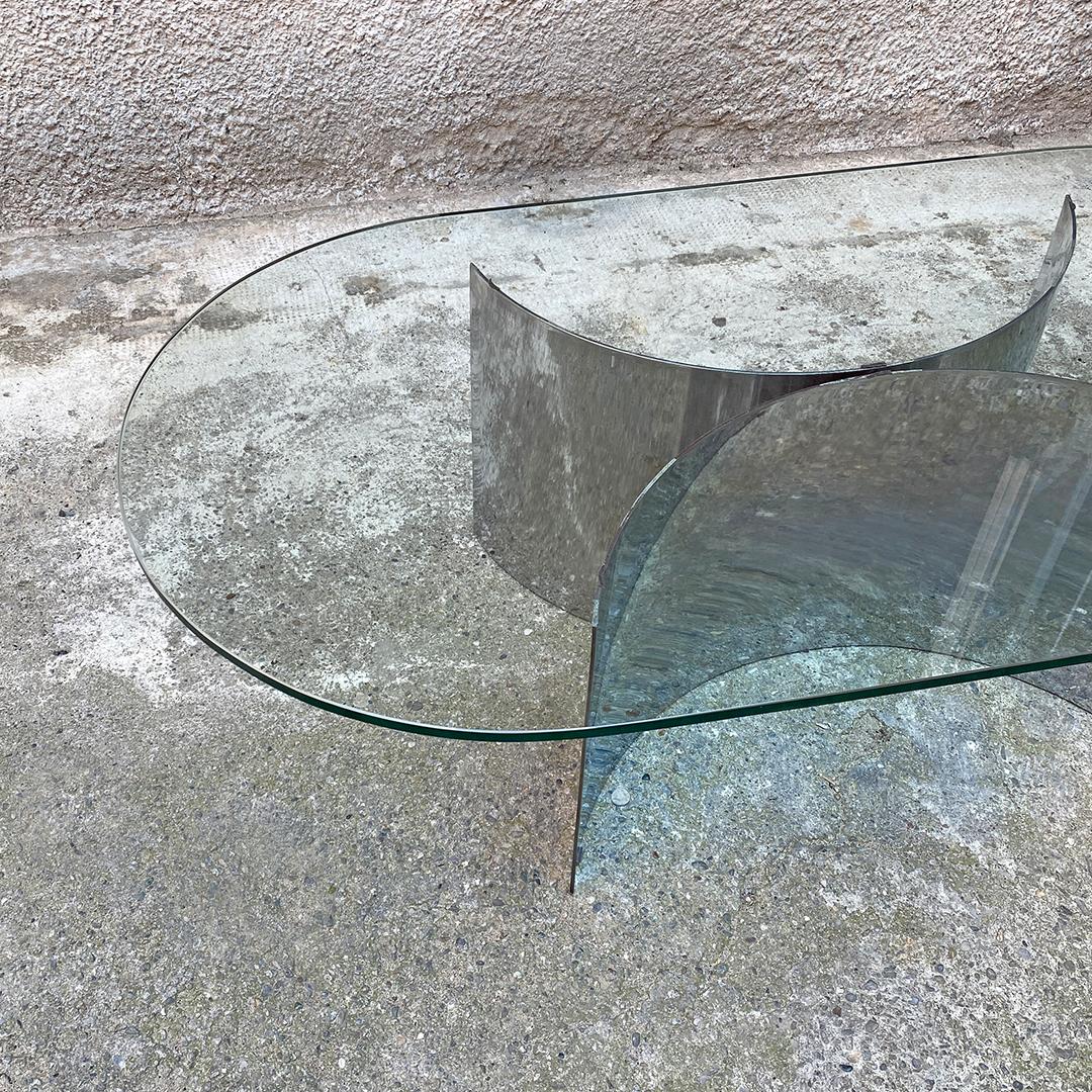 Italian Modern Oval Glass Top and Curved Steel Base Coffee Table, 1970s 1