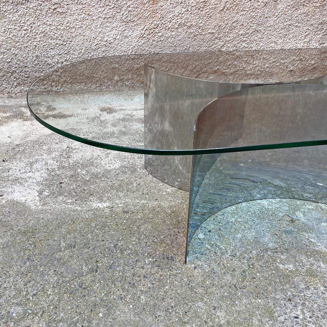 Italian Modern Oval Glass Top and Curved Steel Base Coffee Table, 1970s 2