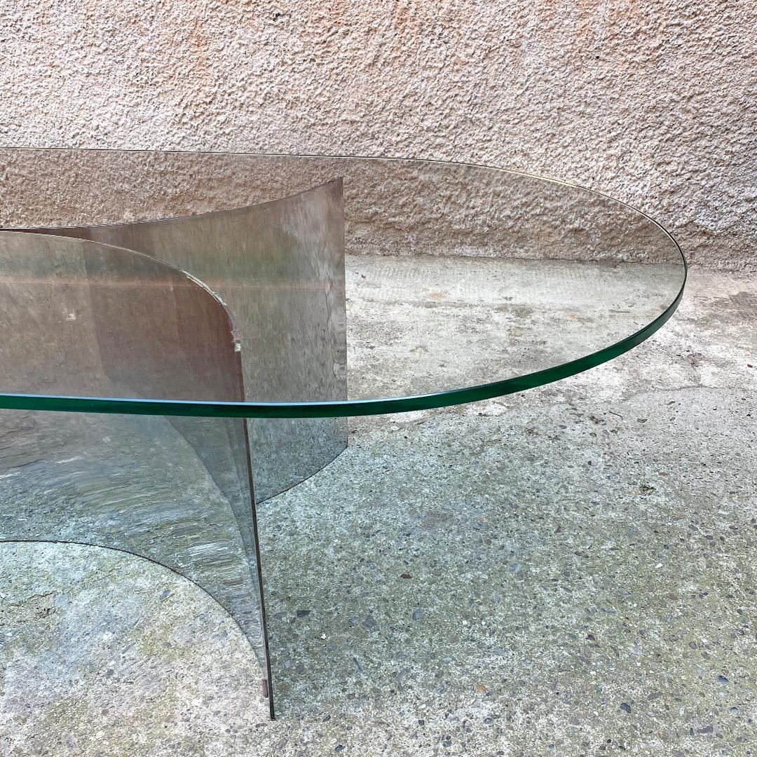 Italian Modern Oval Glass Top and Curved Steel Base Coffee Table, 1970s 3