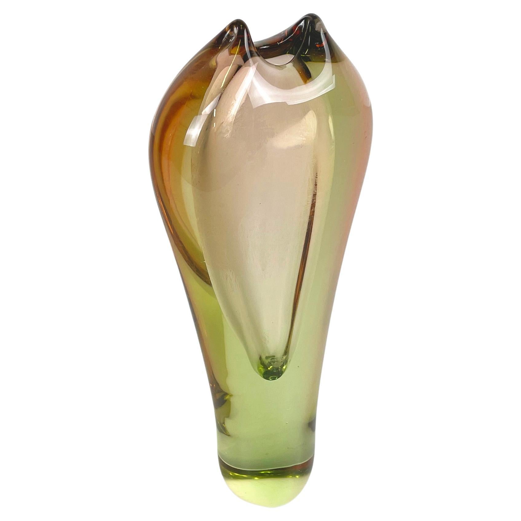 Italian modern oval pink and green Murano glass vase by i Sommersi series, 1970s For Sale