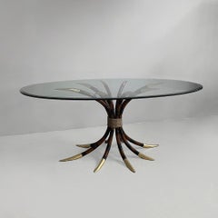 Italian modern oval table in bamboo, brass and glass, 1980s