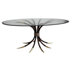 Italian modern oval table in bamboo, brass and glass, 1980s