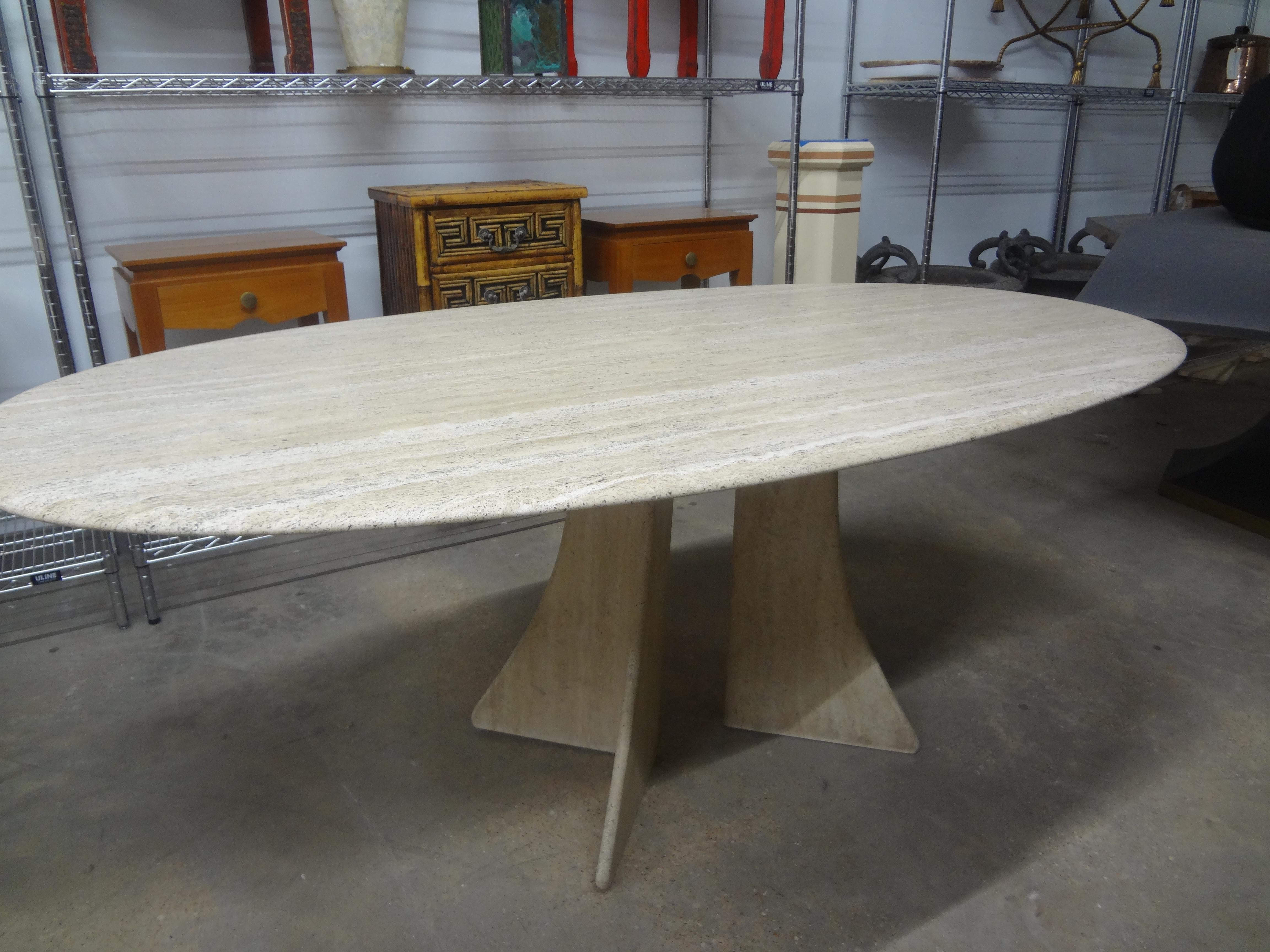 Late 20th Century Italian Modern Oval Travertine Dining Table Attributed to Angelo Mangiarotti