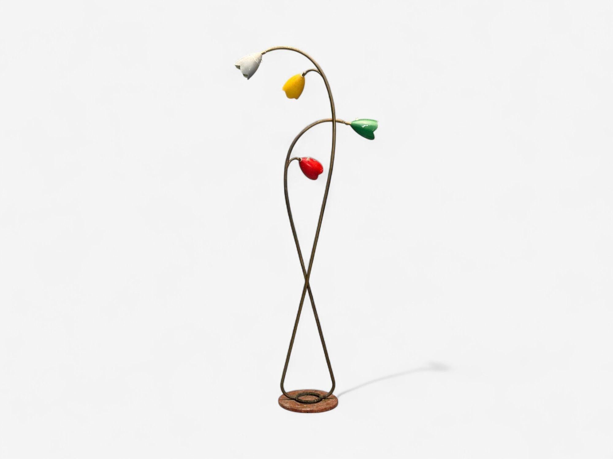 Italienische Moderne, lackierte Emaille, Messing, Marmor, Stehlampe, Italien, 1940er Jahre (Moderne der Mitte des Jahrhunderts) im Angebot