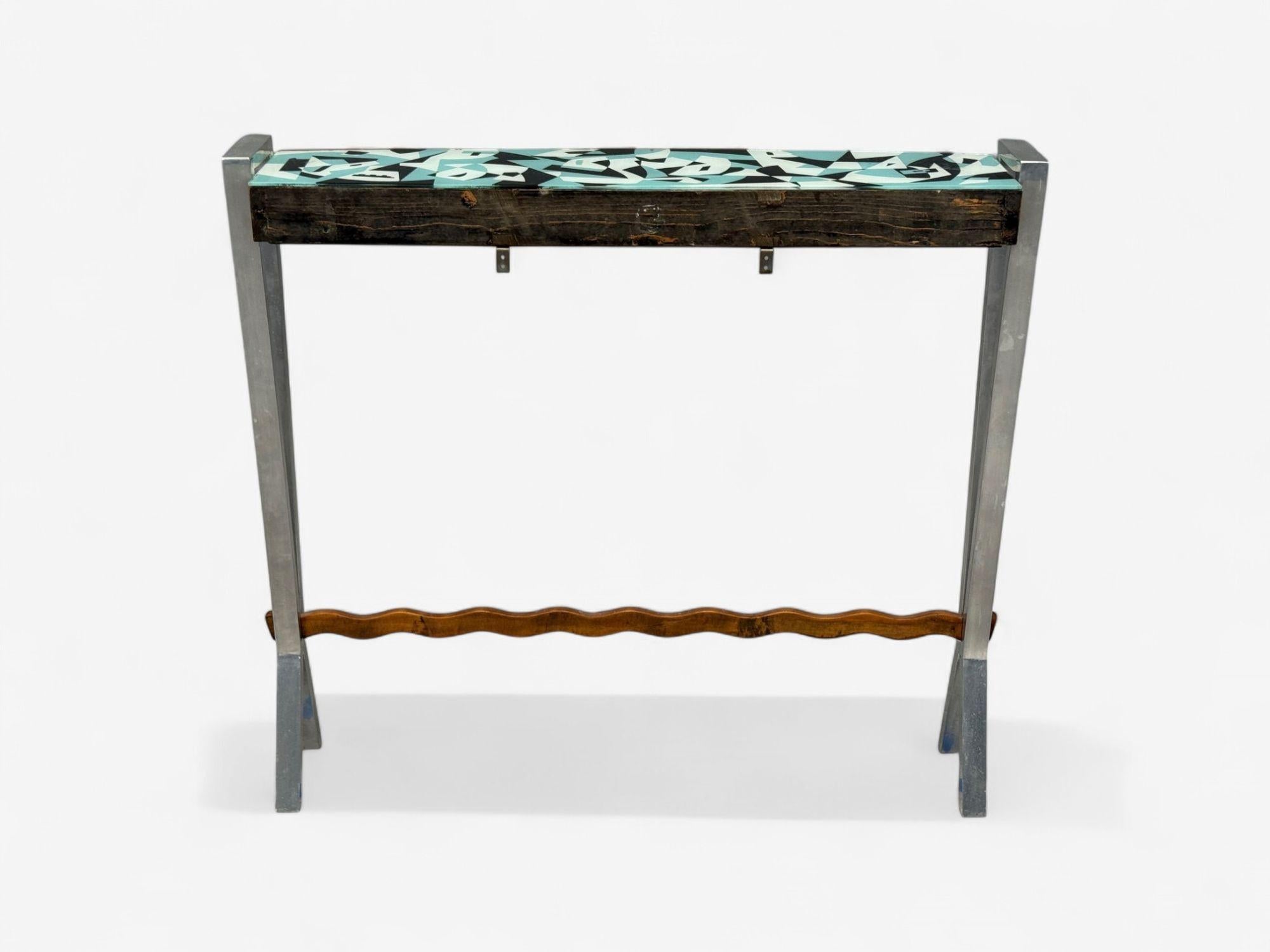Italian Modern, Painted Glass, Ash Wood, Metal, Console Table, Italy, 1960s For Sale 5