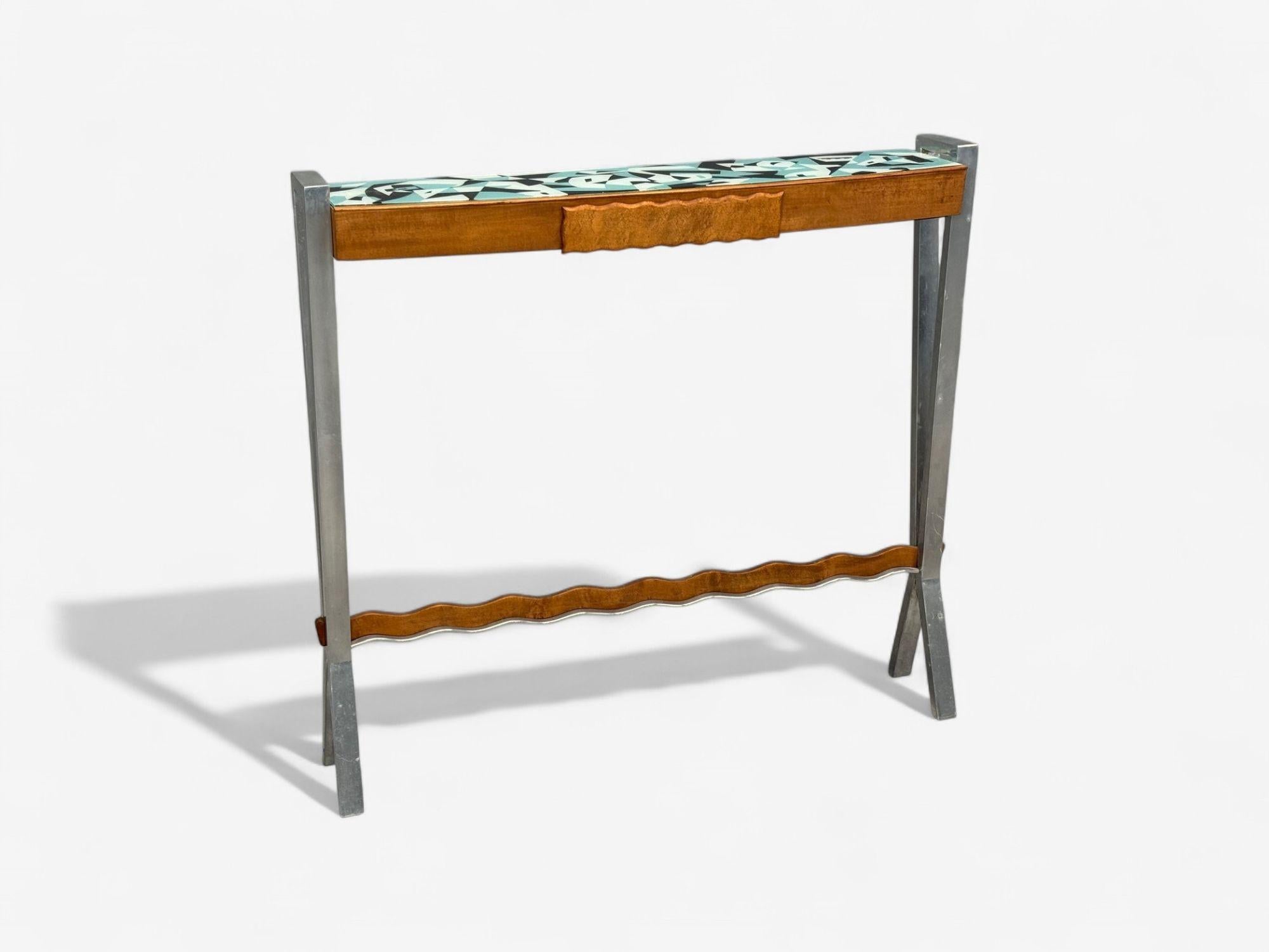 Italian Modern, Painted Glass, Ash Wood, Metal, Console Table, Italy, 1960s

An interesting ash wood, glass and metal very narrow console table designed and produced in Italy c. 1960s. This example features a lightly patinated metal frame with a