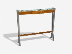 Italian Modern, Painted Glass, Ash Wood, Metal, Console Table, Italy, 1960s