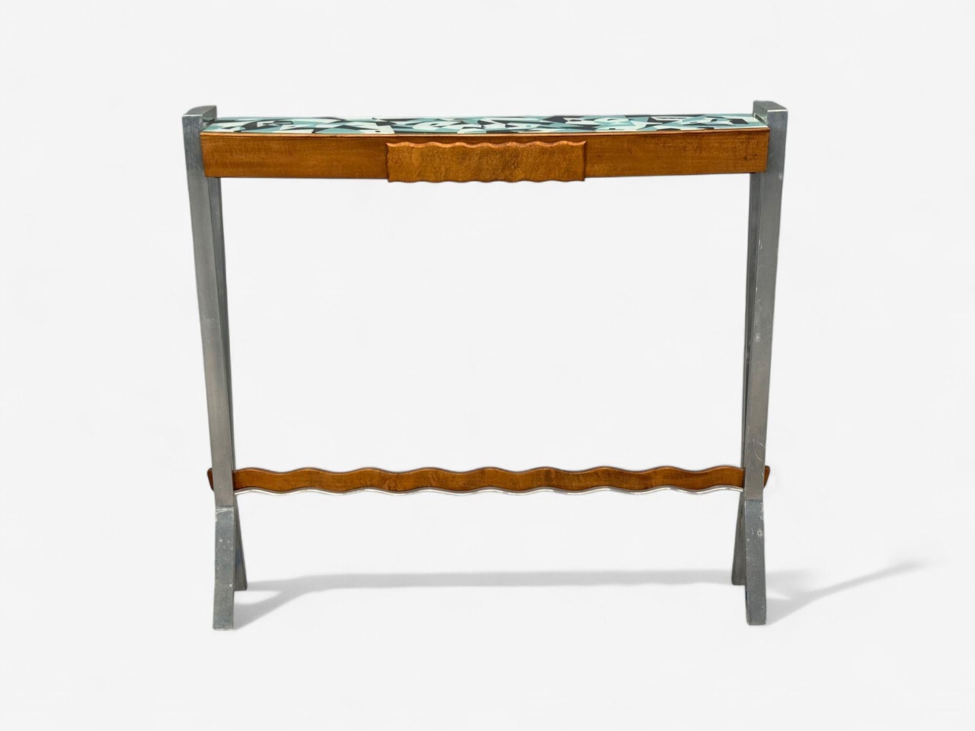 Mid-Century Modern Italian Modern, Painted Glass, Ash Wood, Metal, Console Table, Italy, 1960s For Sale