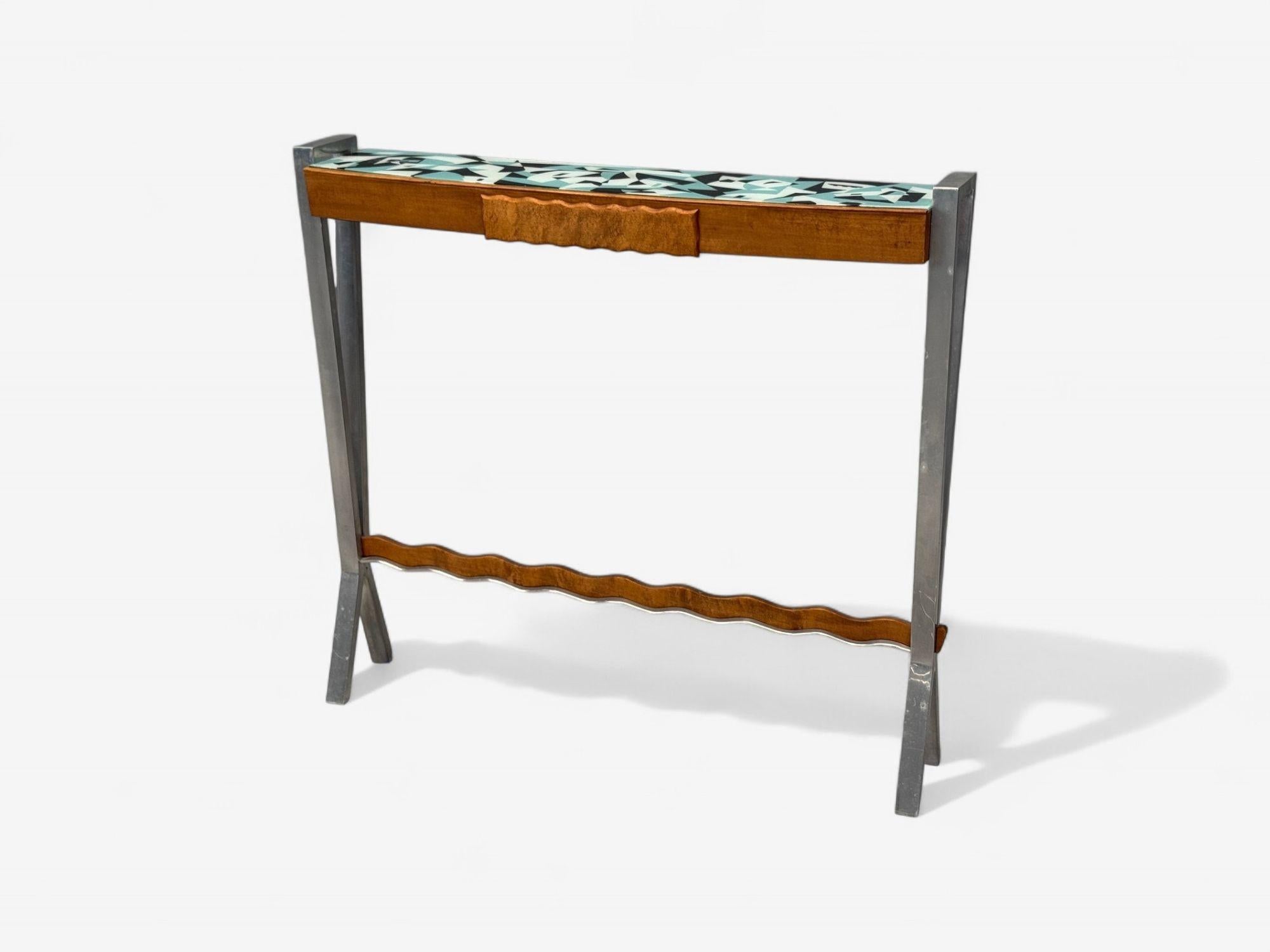 Italian Modern, Painted Glass, Ash Wood, Metal, Console Table, Italy, 1960s In Good Condition For Sale In Manhasset, NY
