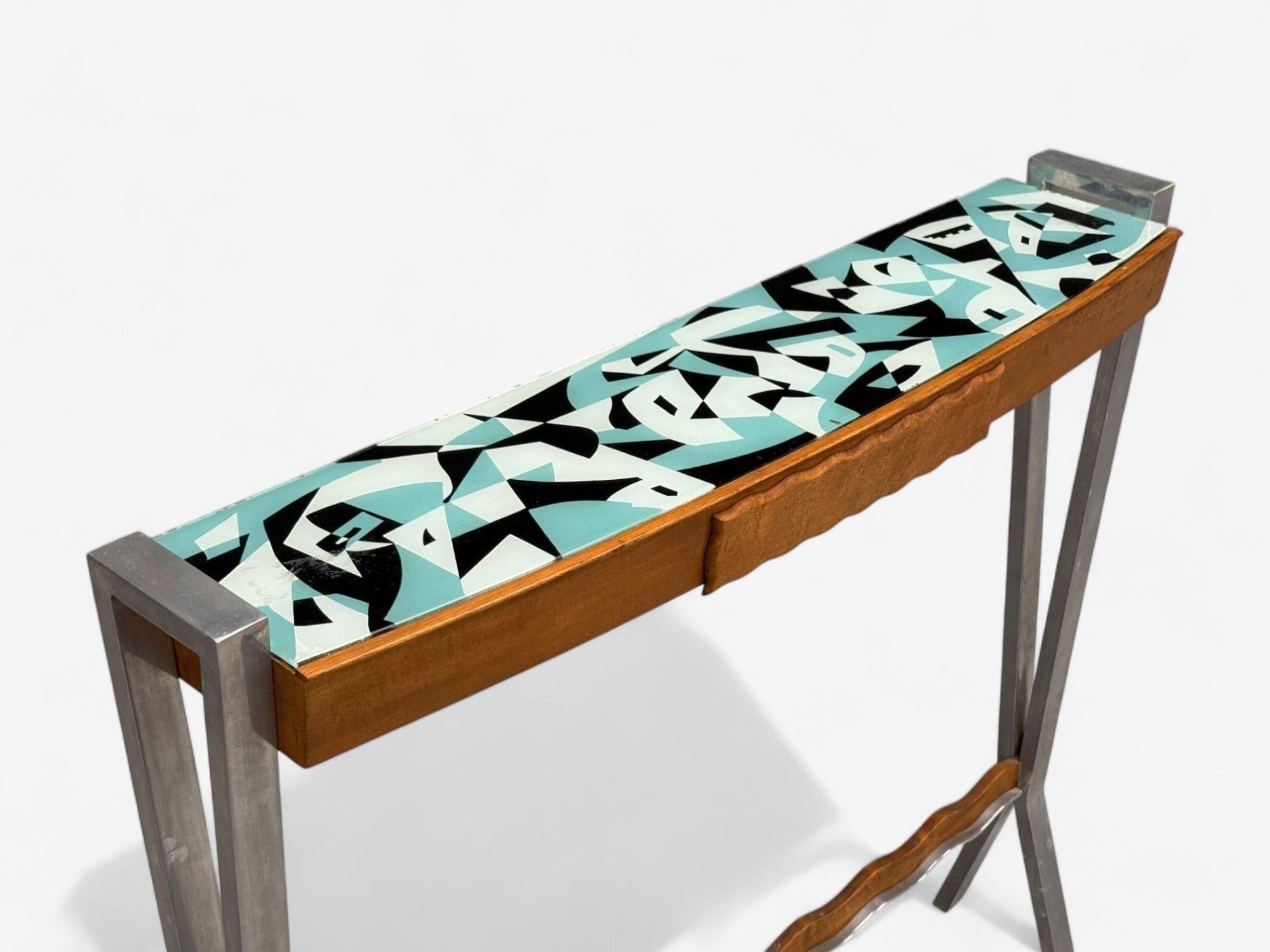 Mid-20th Century Italian Modern, Painted Glass, Ash Wood, Metal, Console Table, Italy, 1960s For Sale