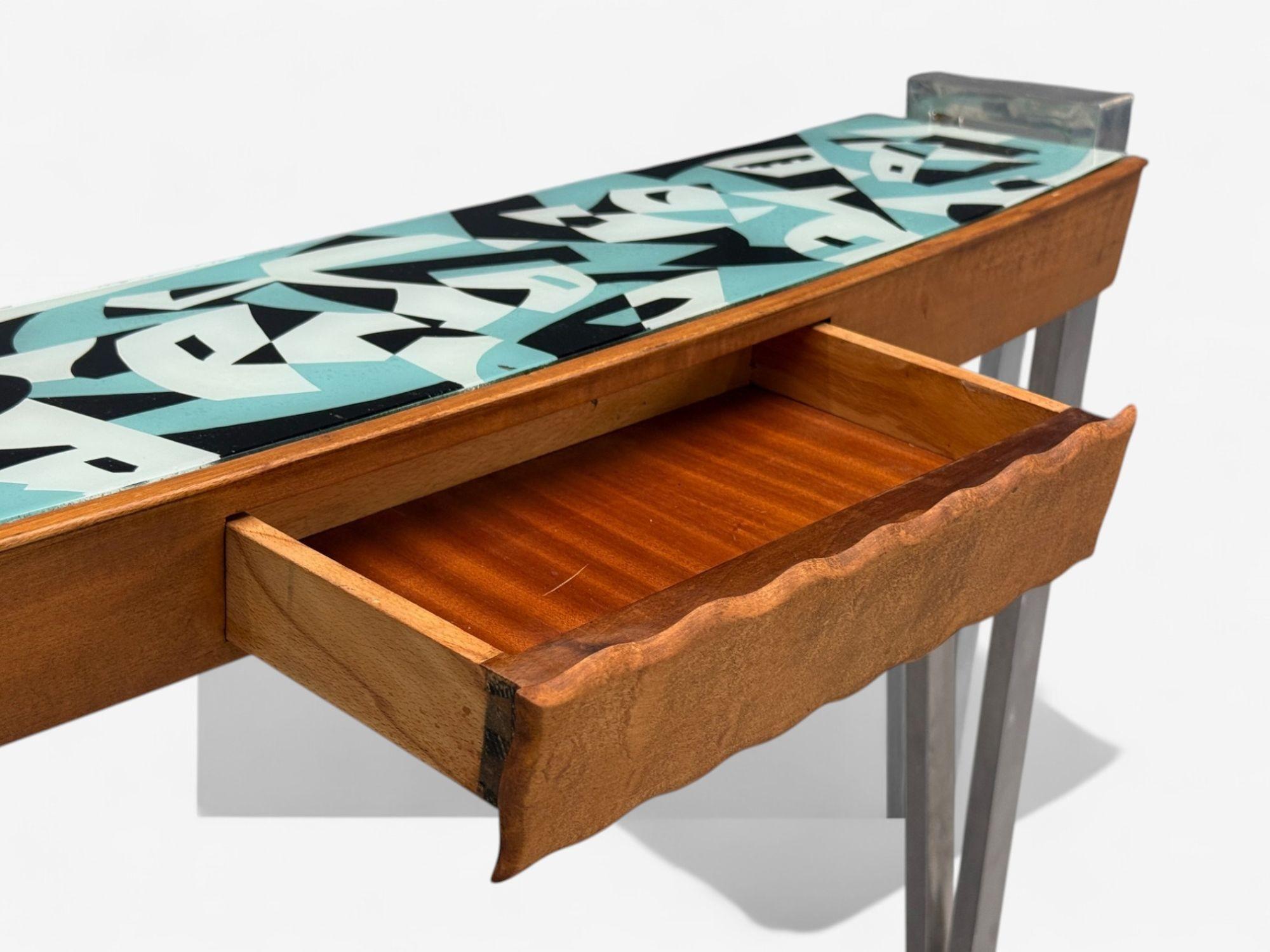 Italian Modern, Painted Glass, Ash Wood, Metal, Console Table, Italy, 1960s For Sale 2