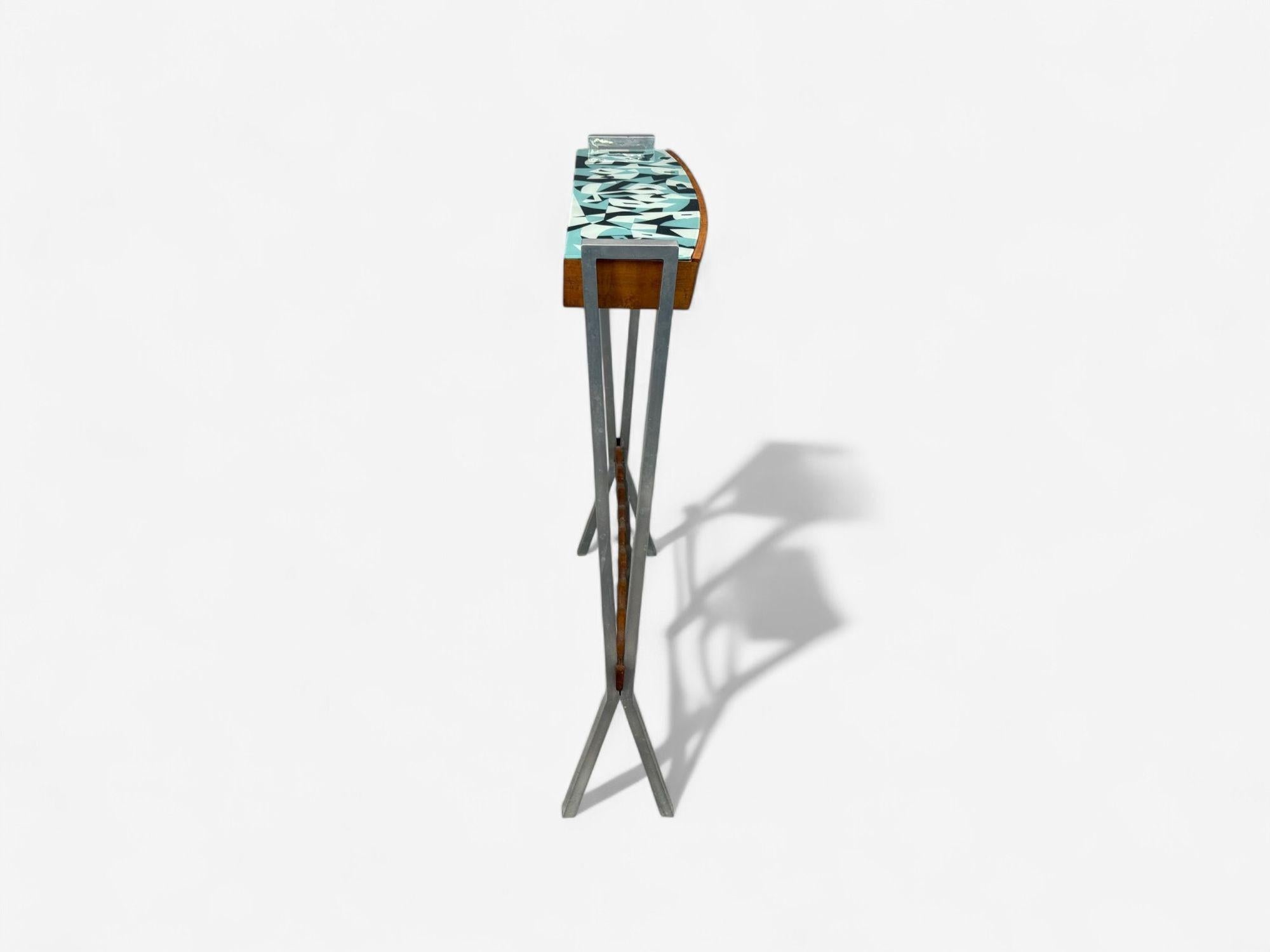 Italian Modern, Painted Glass, Ash Wood, Metal, Console Table, Italy, 1960s For Sale 3
