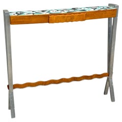 Italian Modern, Painted Glass, Ash Wood, Metal, Console Table, Italy, 1960s
