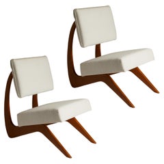 Italian Modern Pair Architectural Walnut Chairs Upholstered in Bouclé