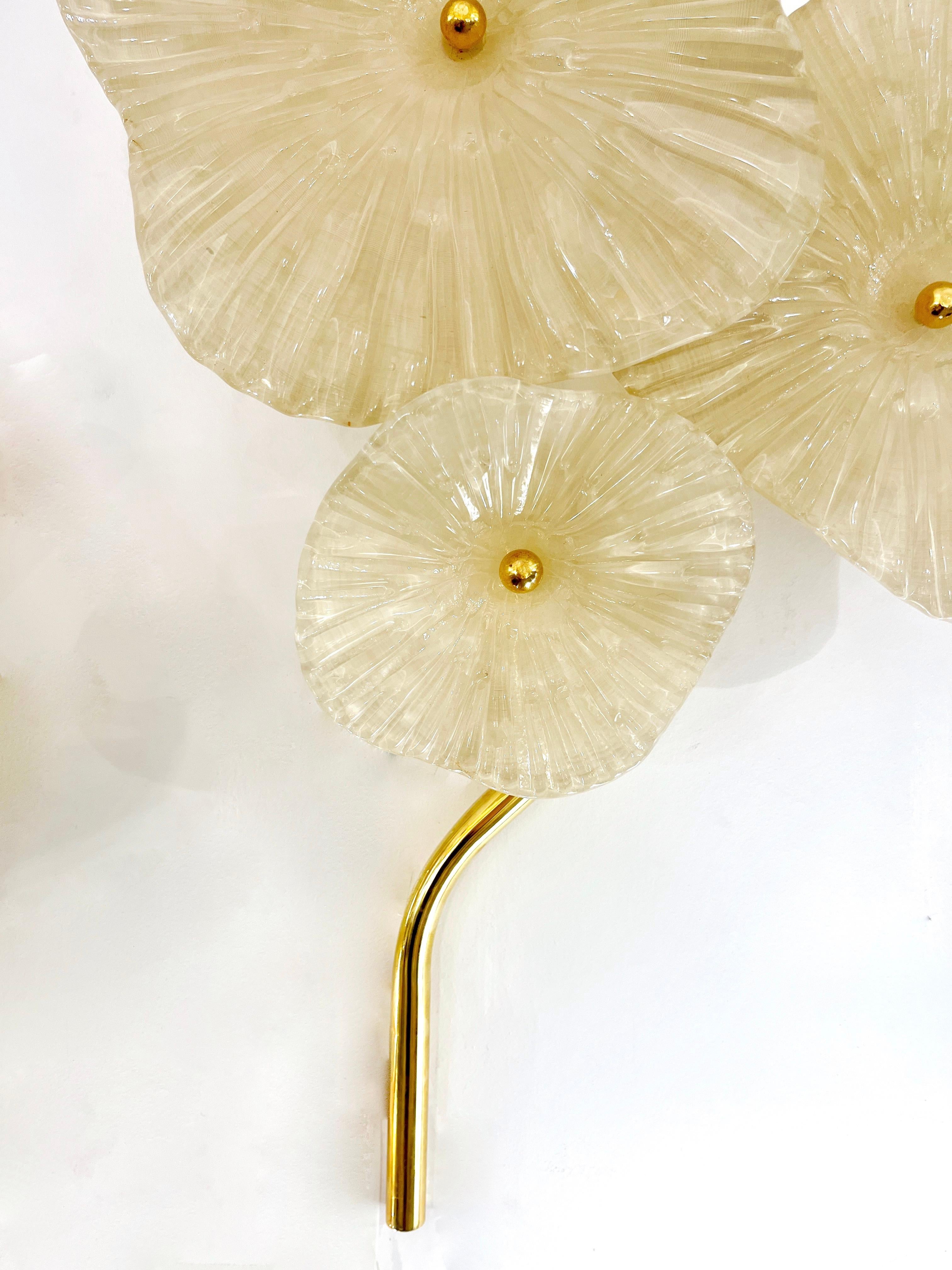 Italian Custom Pair Cream White Murano Glass 3-Flower Branch Brass Wall Sconces For Sale 5