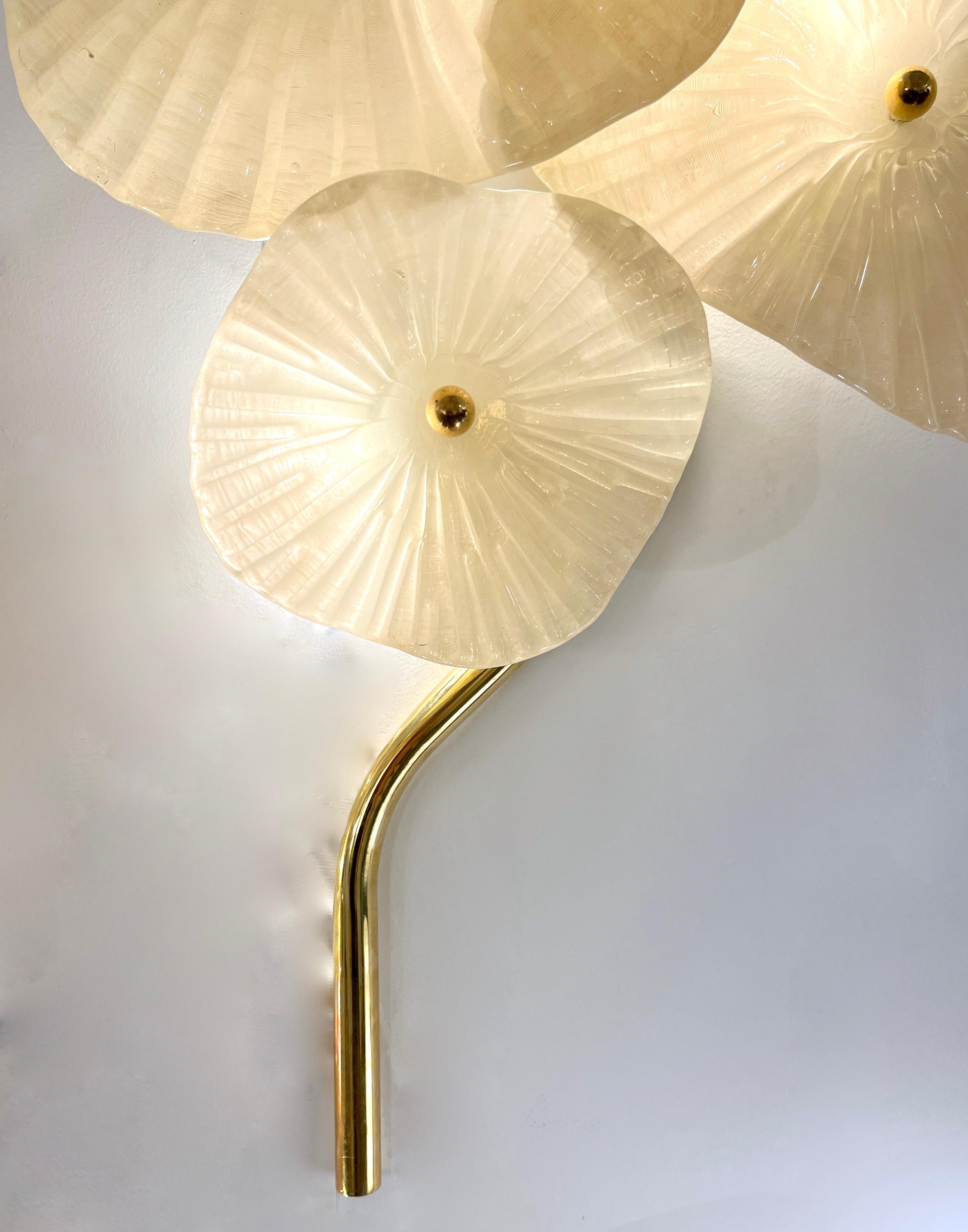 Italian Custom Pair Cream White Murano Glass 3-Flower Branch Brass Wall Sconces For Sale 7