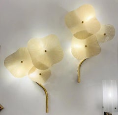 Italian Modern Pair Cream White Murano Glass 3-Flower Branch Brass Wall Sconces
