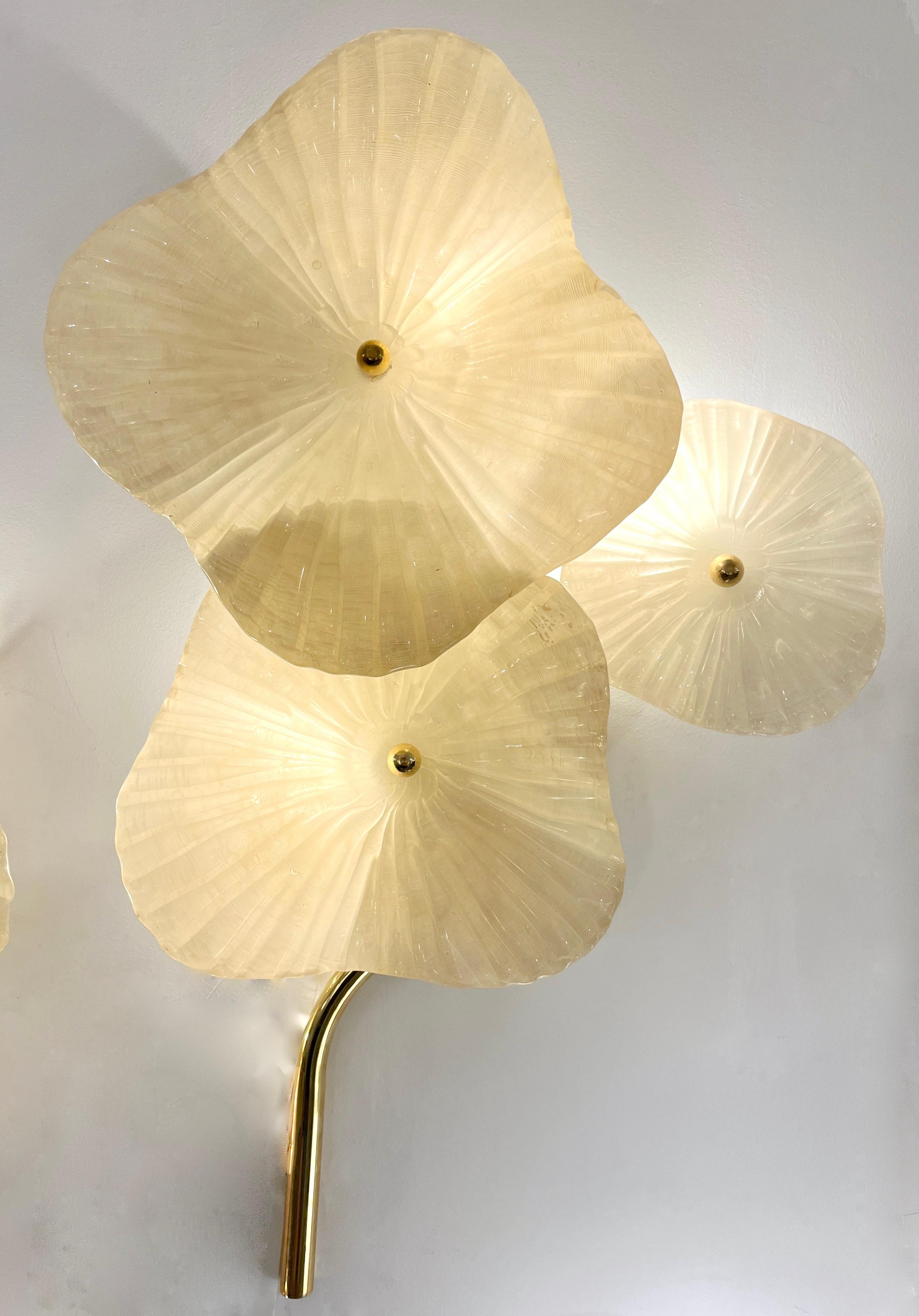Hand-Crafted Italian Custom Pair Cream White Murano Glass 3-Flower Branch Brass Wall Sconces For Sale