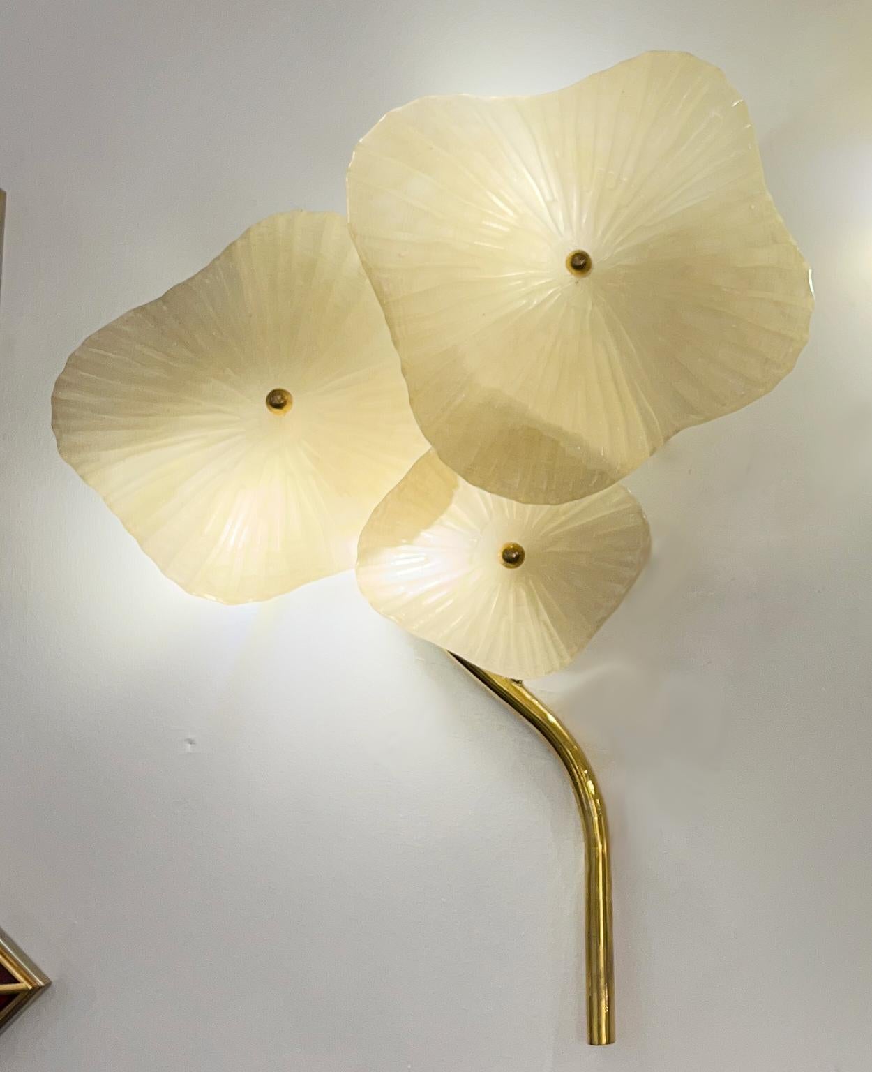 Contemporary Italian Custom Pair Cream White Murano Glass 3-Flower Branch Brass Wall Sconces For Sale