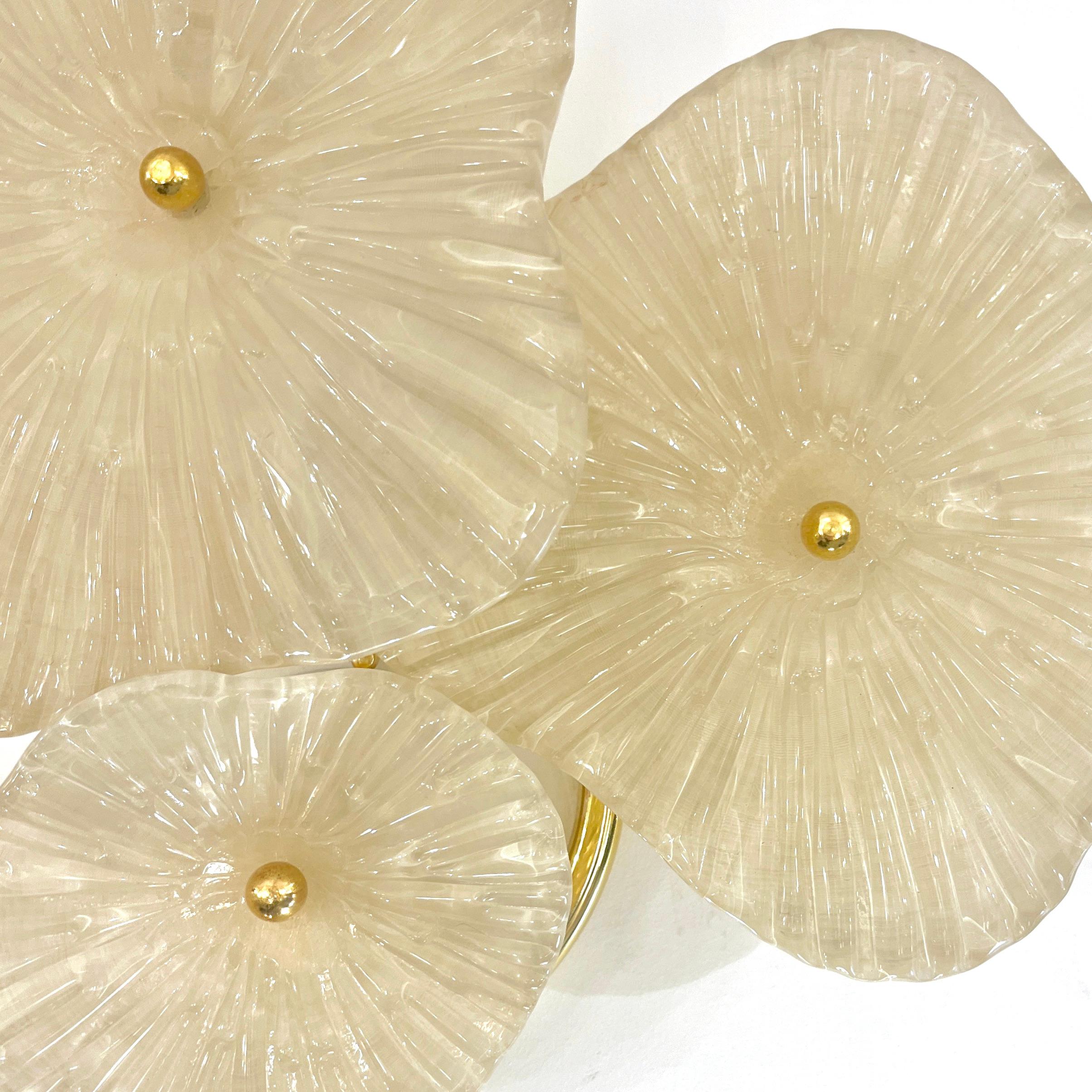 Italian Custom Pair Cream White Murano Glass 3-Flower Branch Brass Wall Sconces For Sale 1