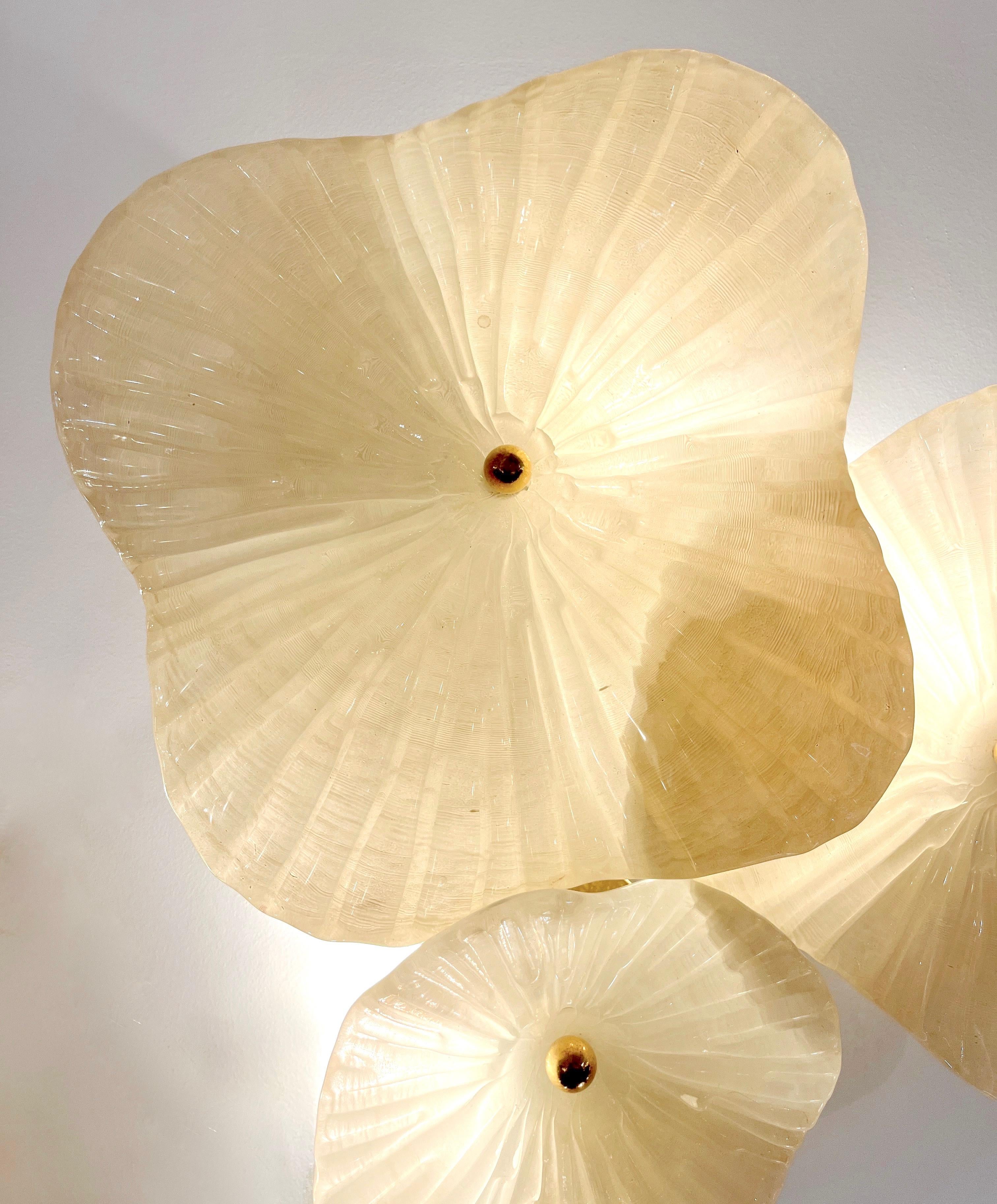 Italian Custom Pair Cream White Murano Glass 3-Flower Branch Brass Wall Sconces For Sale 4