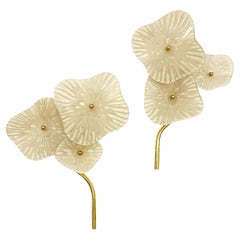 Italian Modern Pair Cream White Murano Glass 3-Flower Branch Brass Wall Sconces