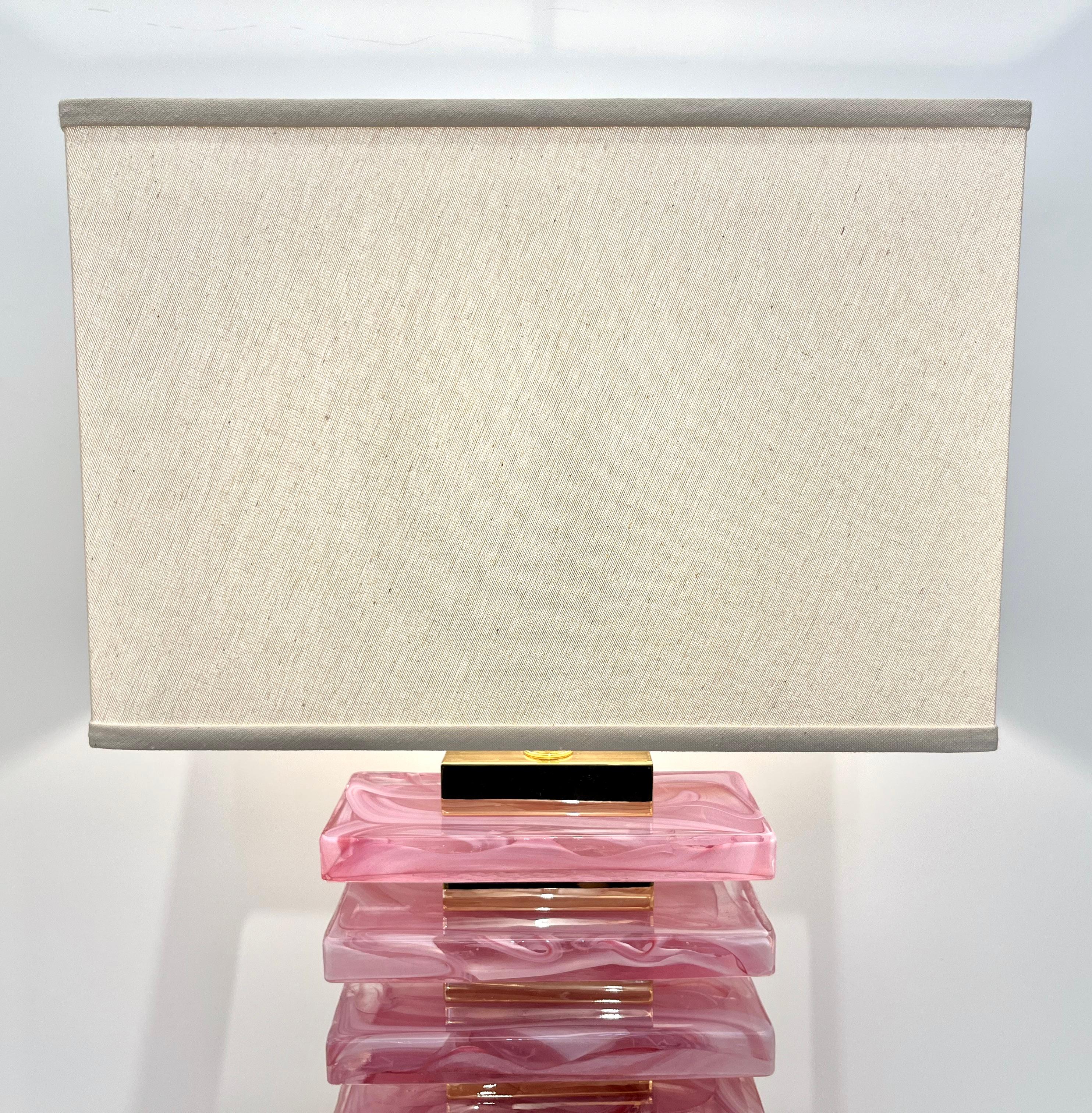 Italian Modern Pair of Architectural Urban Design Pink Murano Glass Brass Lamps 6