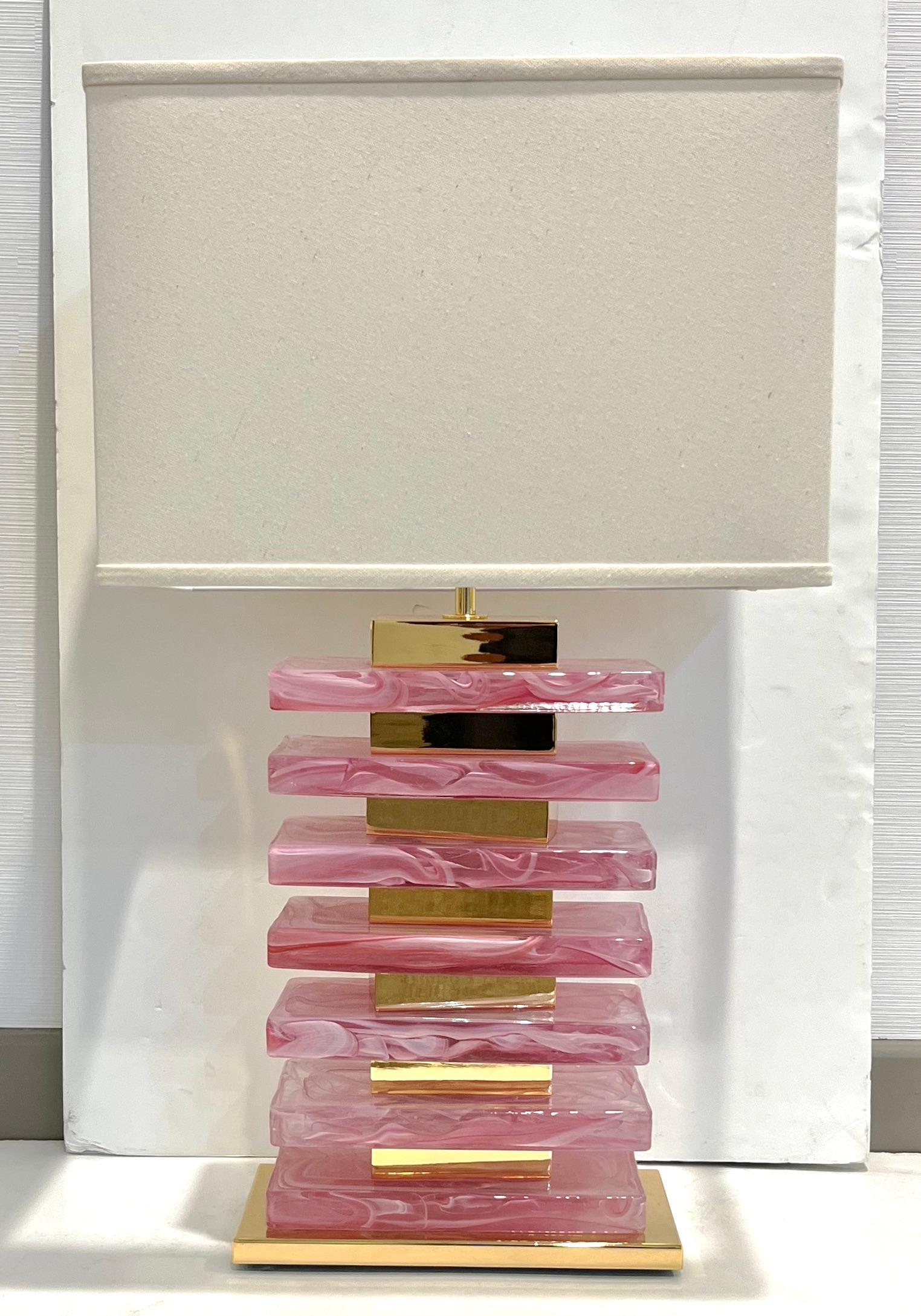 Italian Modern Pair of Architectural Urban Design Pink Murano Glass Brass Lamps 5