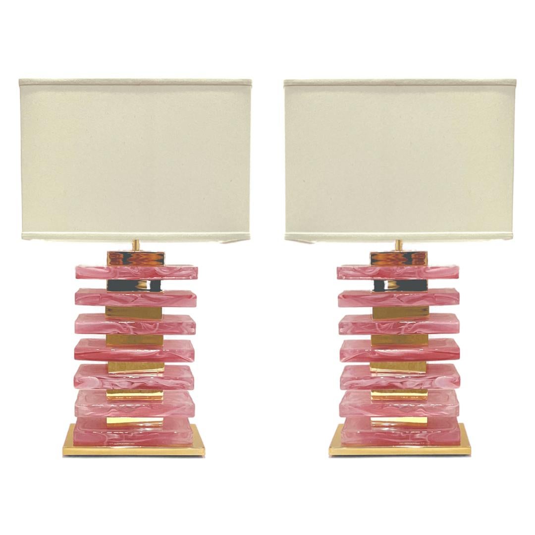 Italian Modern Pair of Architectural Urban Design Pink Murano Glass Brass Lamps 7