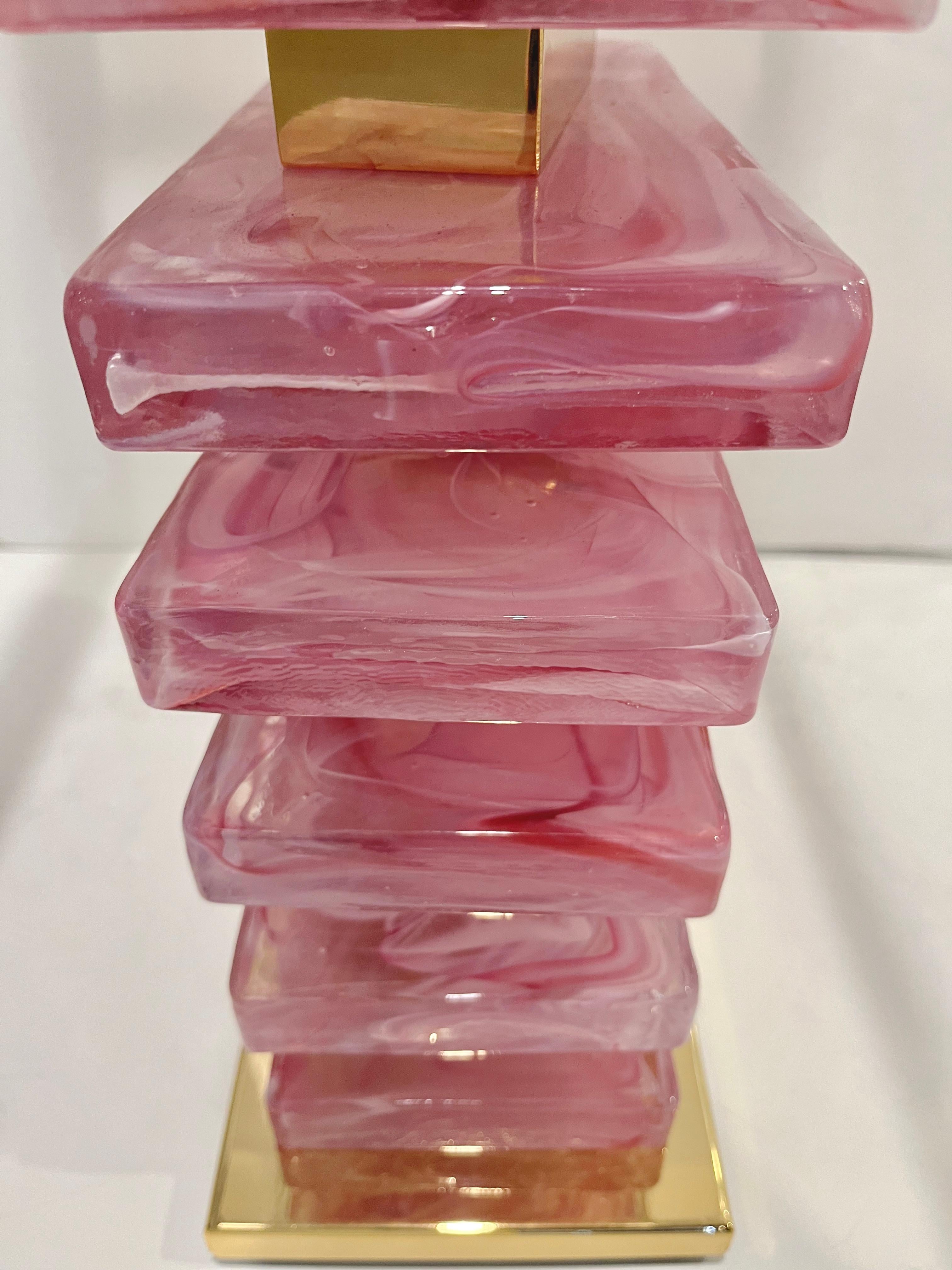 Italian Modern Pair of Architectural Urban Design Pink Murano Glass Brass Lamps 8