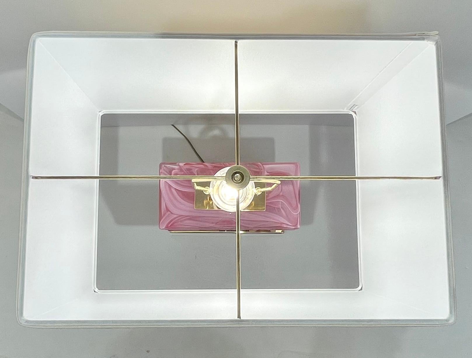 Italian Modern Pair of Architectural Urban Design Pink Murano Glass Brass Lamps 10