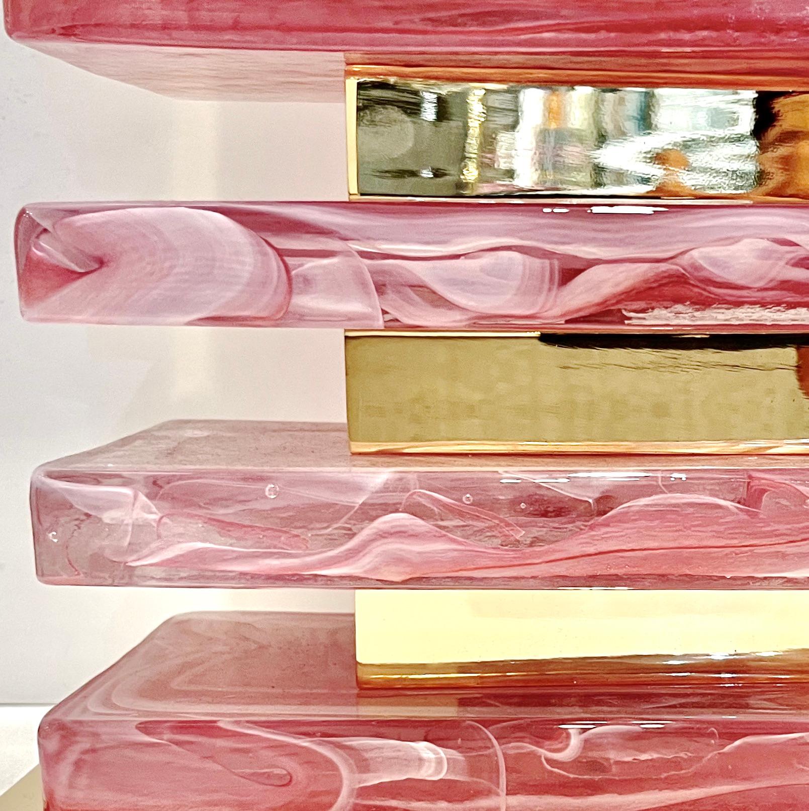 Organic Modern Italian Modern Pair of Architectural Urban Design Pink Murano Glass Brass Lamps