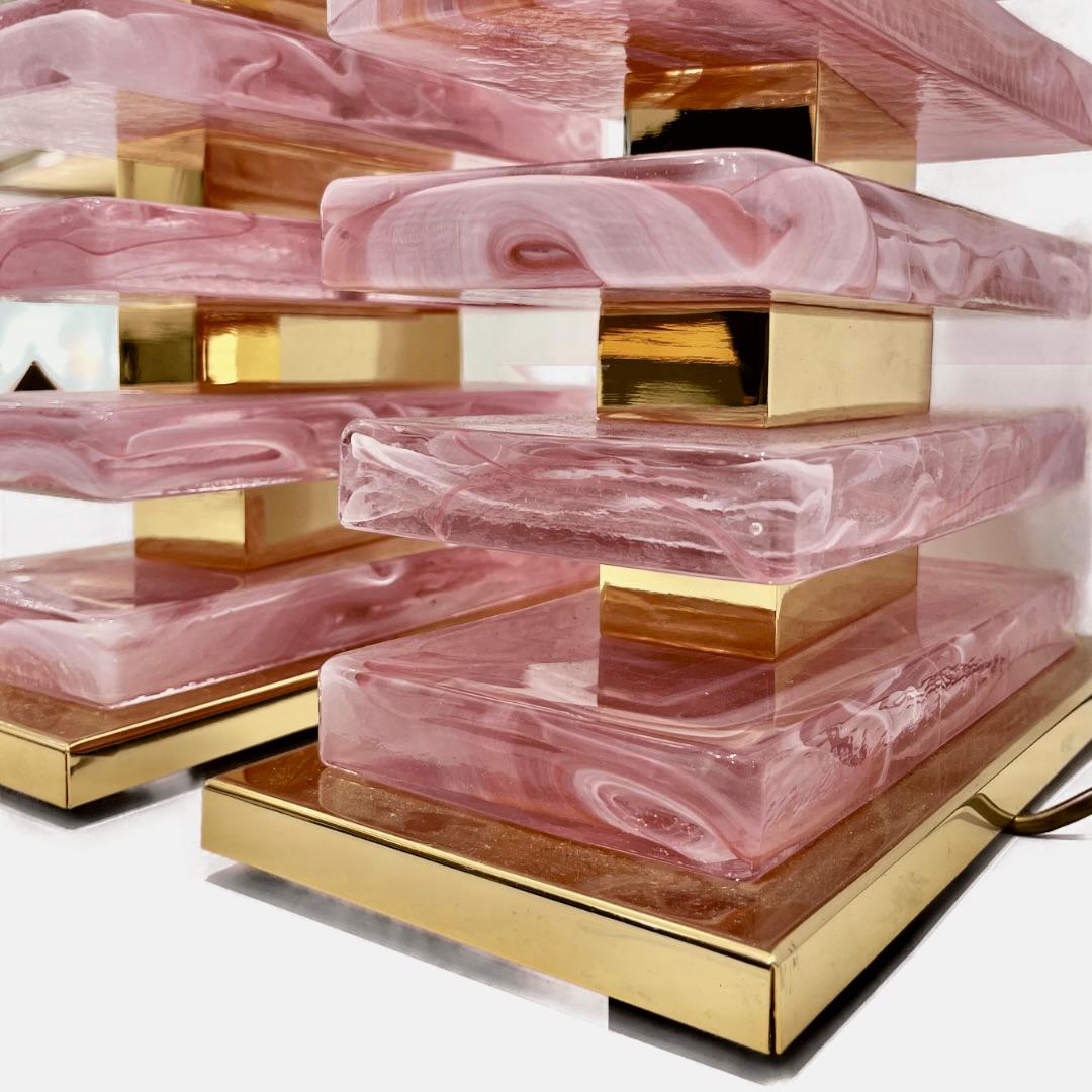 Hand-Crafted Italian Modern Pair of Architectural Urban Design Pink Murano Glass Brass Lamps