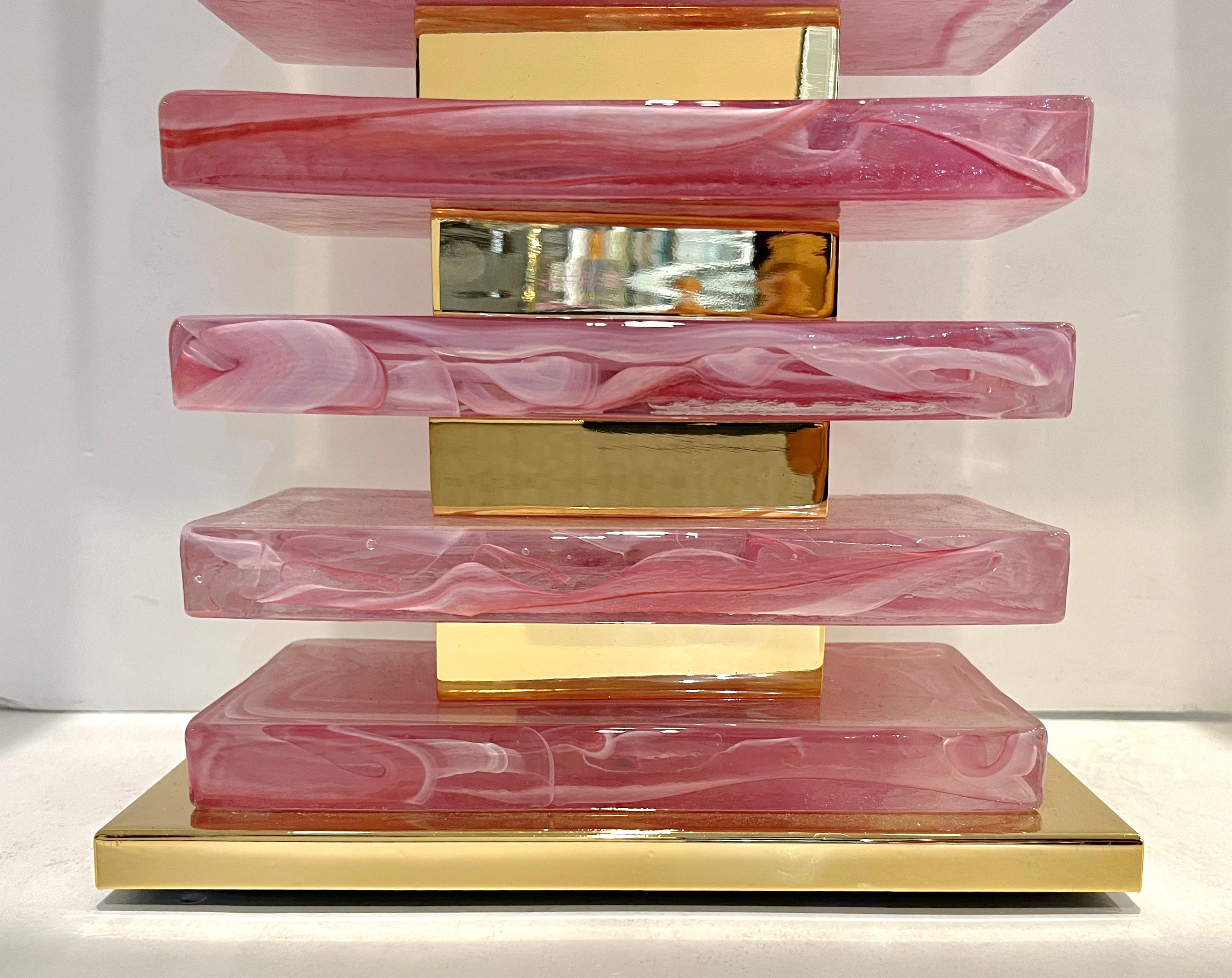 Contemporary Italian Modern Pair of Architectural Urban Design Pink Murano Glass Brass Lamps