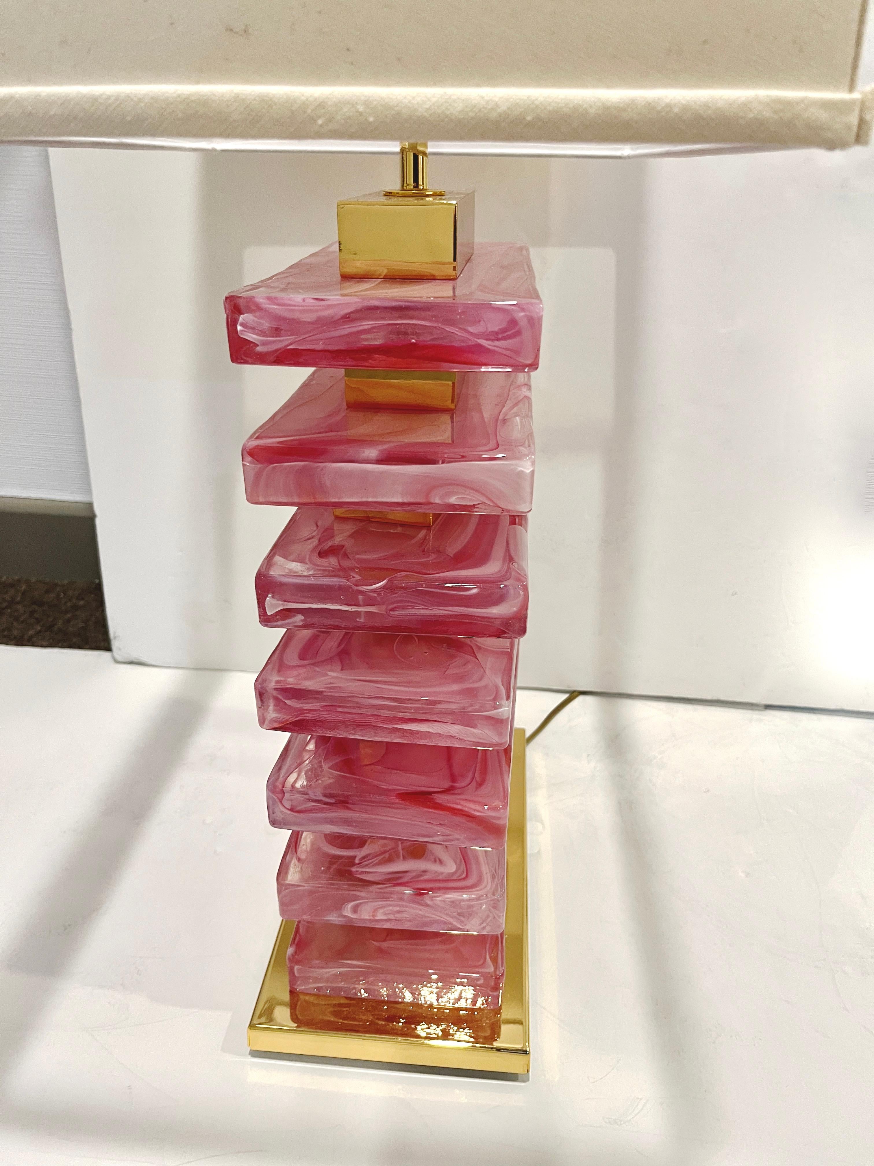 Italian Modern Pair of Architectural Urban Design Pink Murano Glass Brass Lamps 1