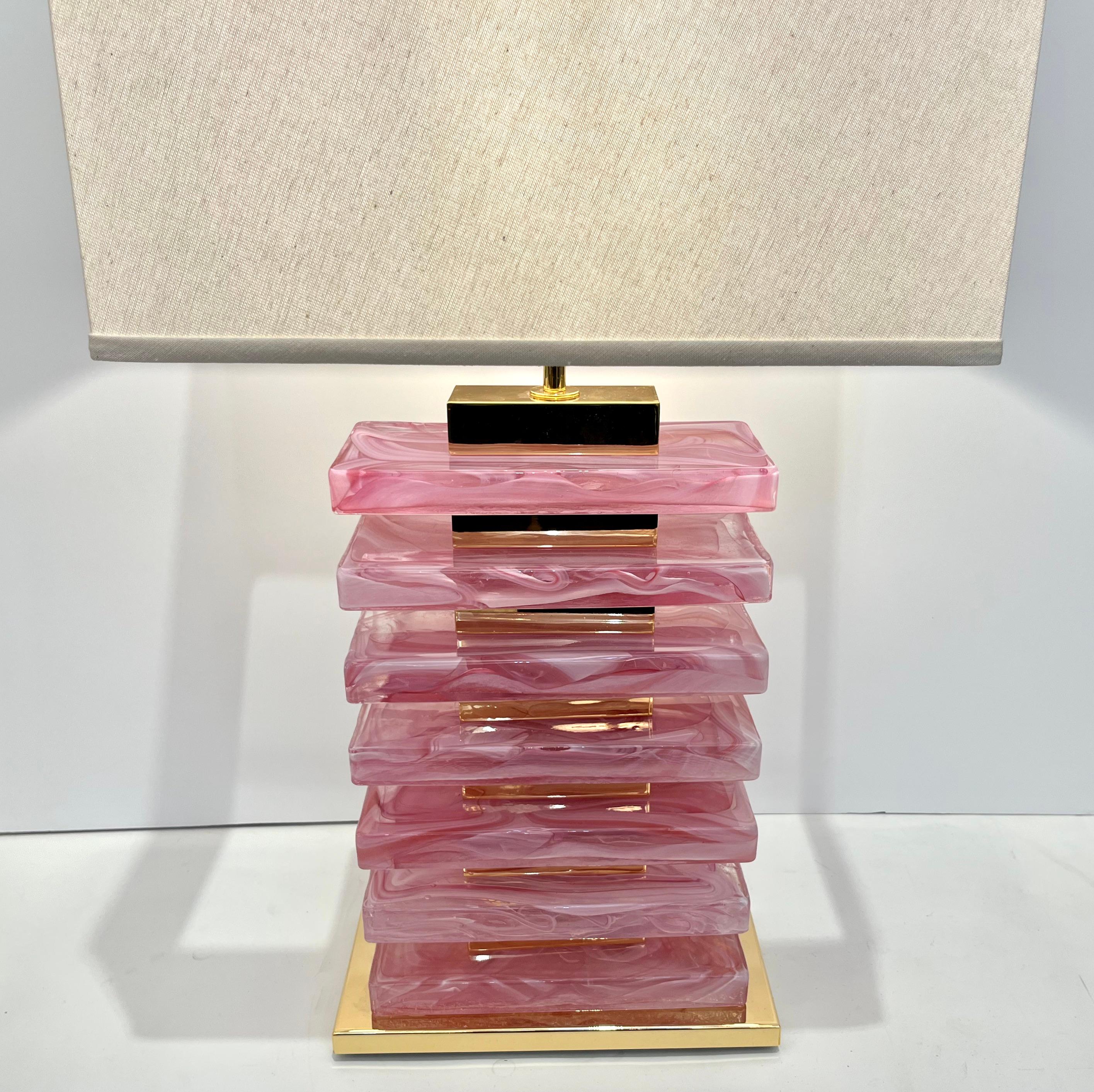 Italian Modern Pair of Architectural Urban Design Pink Murano Glass Brass Lamps 2