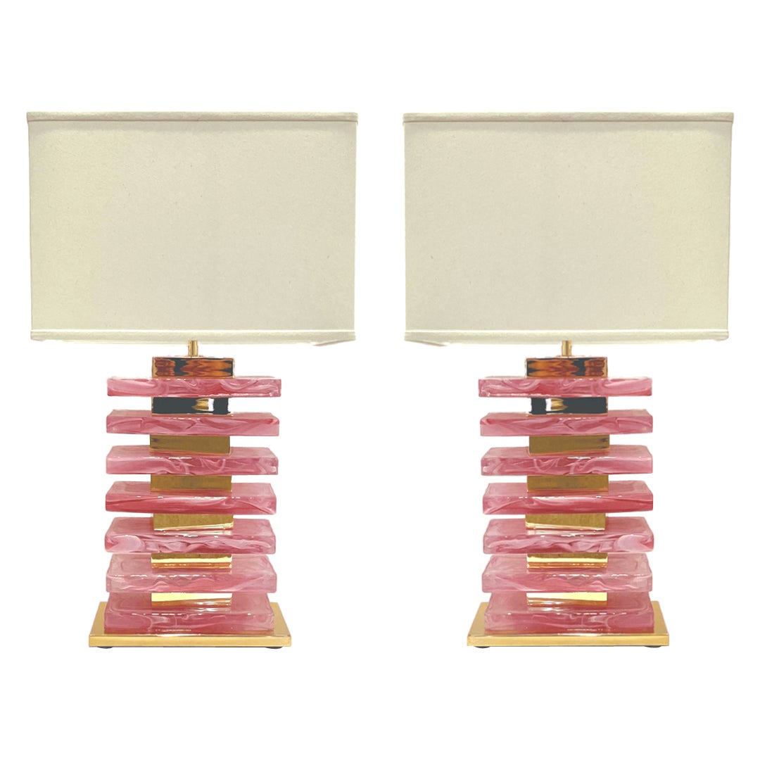 Italian Modern Pair of Architectural Urban Design Pink Murano Glass Brass Lamps