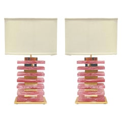 Italian Modern Pair of Architectural Urban Design Pink Murano Glass Brass Lamps
