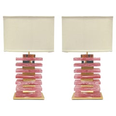 Italian Modern Pair of Architectural Urban Design Pink Murano Glass Brass Lamps