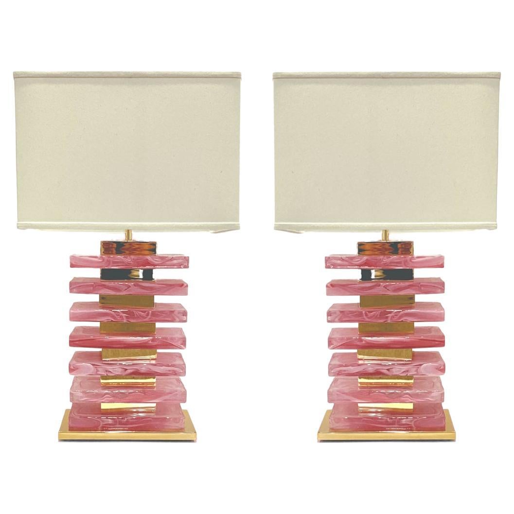 Italian Modern Pair of Architectural Urban Design Pink Murano Glass Brass Lamps For Sale