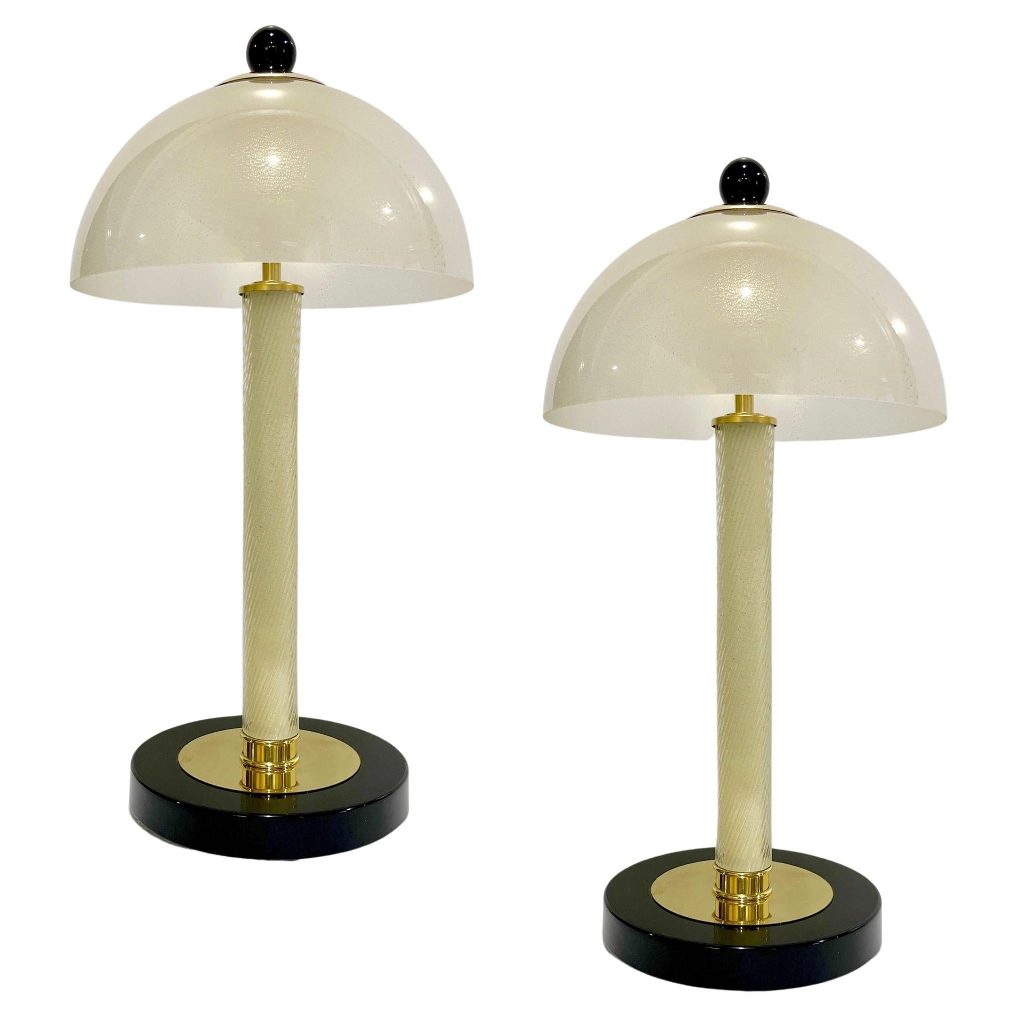 Italian Modern Pair of Art Deco Design Black White Gold Murano Glass Dome Lamps 9