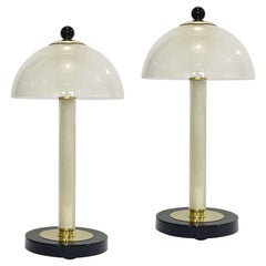 Italian Modern Pair of Art Deco Design Black White Gold Murano Glass Dome Lamps