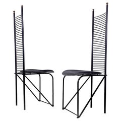 Italian Modern Pair of Black Metal and Leather Chairs with High Back, 1980s