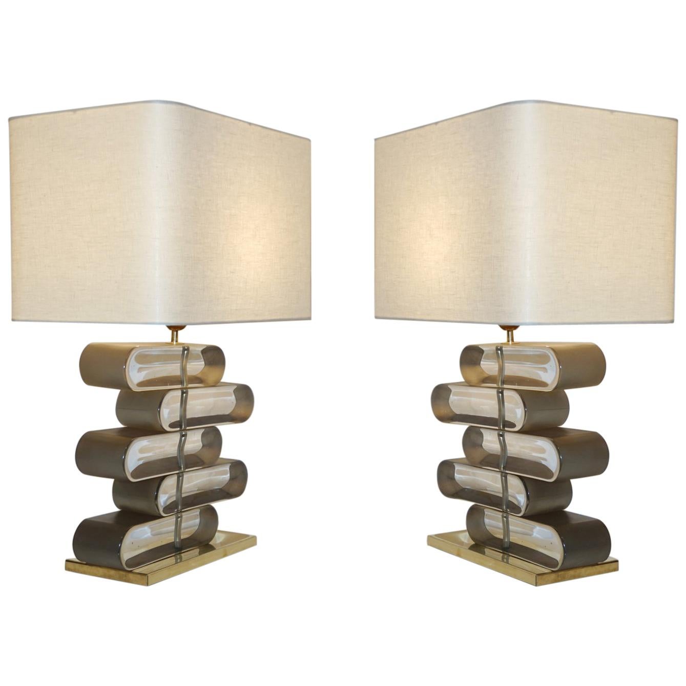 Italian Modern Pair of Brass and Bronze Murano Glass Architectural Table Lamps