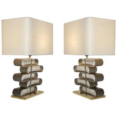 Italian Modern Pair of Brass and Bronze Murano Glass Architectural Table Lamps